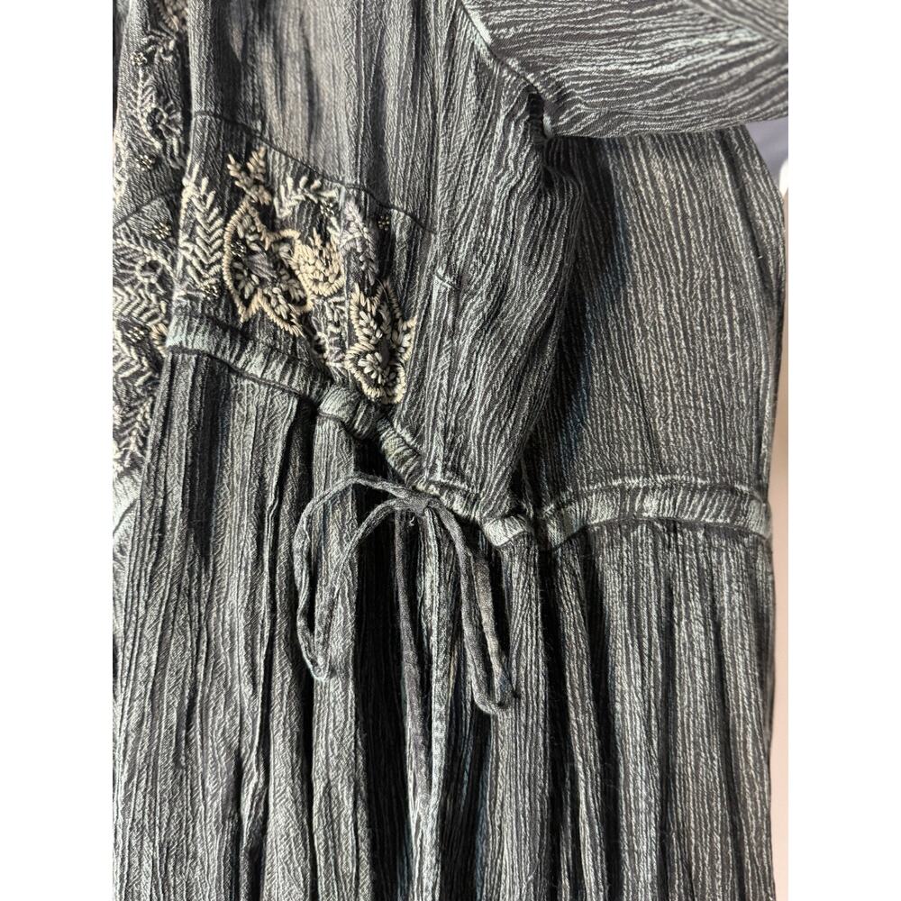 Dark Cottagecore Charcoal Gray Embroidered Boho Midi Dress Long Sleeve Size XL - Picture 7 of 8